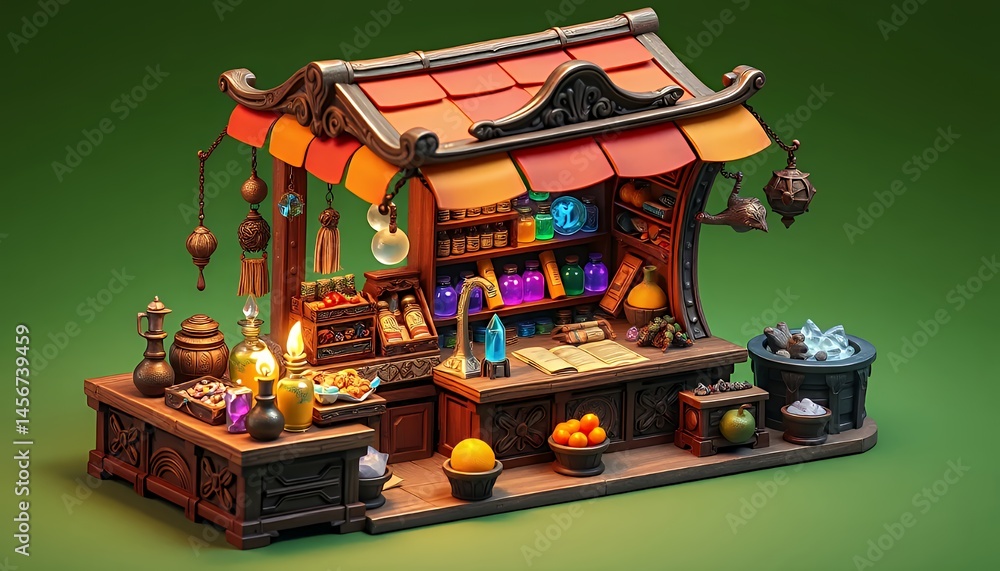 Fototapete isometric pixel art market stall with red roof and colorful potions isolated on green screen for vfx