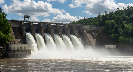 Impressive Dam with Cascading Water Under Partly Cloudy Sky Surrounded By Lush Green Trees In Daylight
