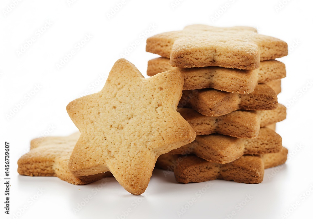 Poster a stack of star shaped cookies on a white background with one cookie leaning on the stack neatly arr