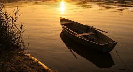 Obraz premium Tranquil Sunrise Boat at Lakeside Shore