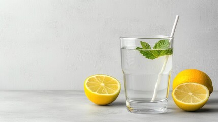 Fototapeta premium Refreshing Lemon Mint Drink in Clear Glass with Fresh Lemon Halves and Straw on Light Surface