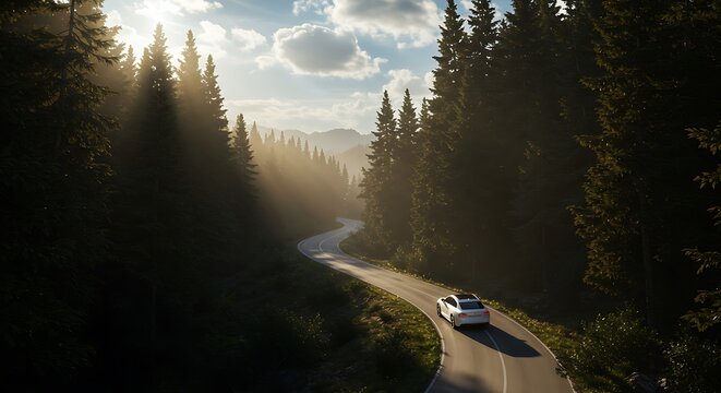 Serene mountain road trip sunlit pines breathtaking scenery unforgettable journey