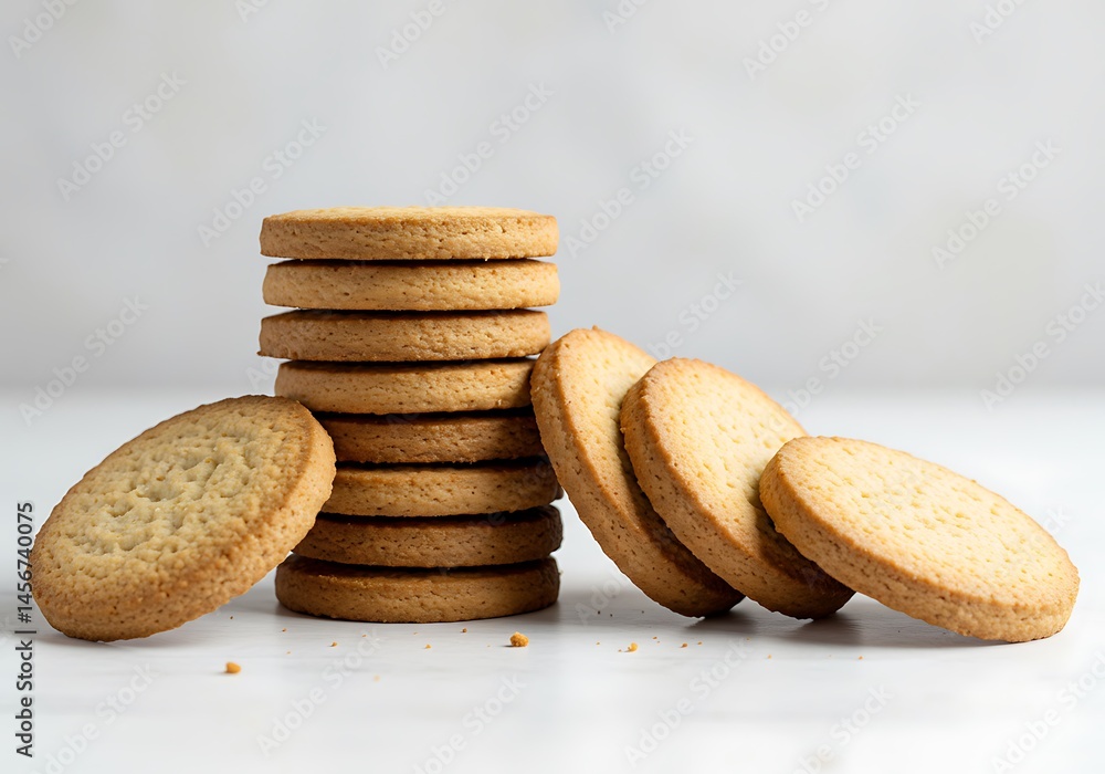 Poster a stack of round cookies with some leaning against it on a white surface and white background