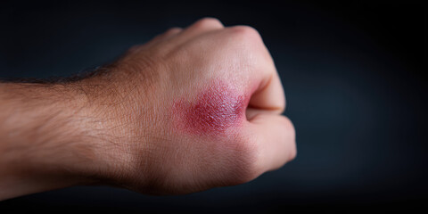 Fototapeta premium A hand with a bruise on the knuckle is clenched into a fist. Injury, pain, bruise