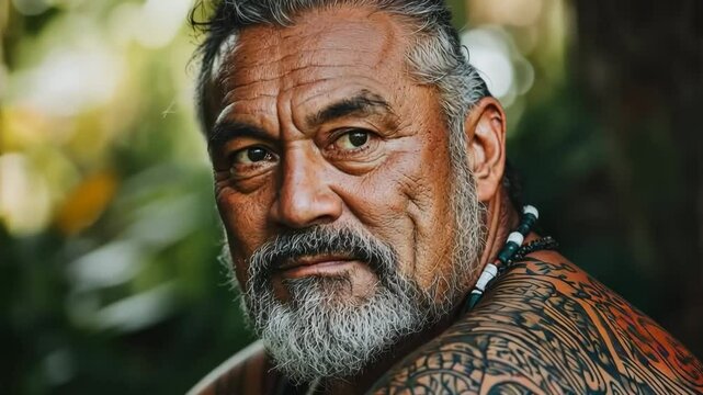 Maori man showcases traditional tattoo art and cultural heritage through intricate body markings