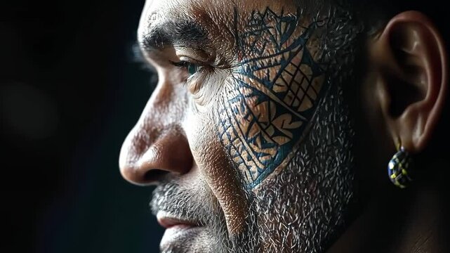 Maori man showcases traditional tattoo patterns in captivating cultural expression