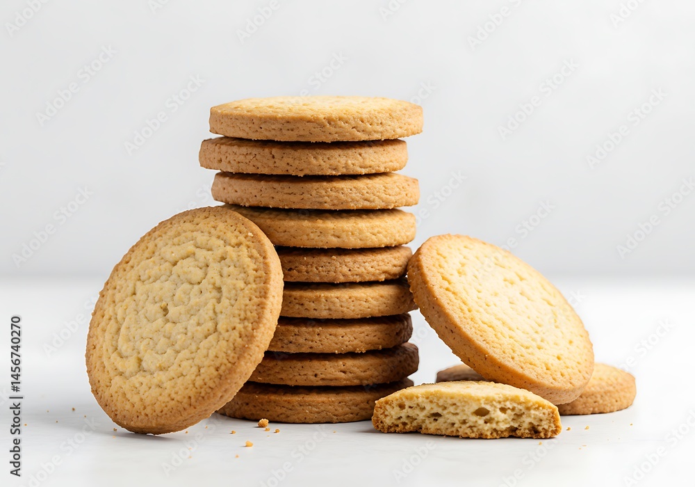 Poster a stack of round butter cookies with some cookies leaning against the stack on a white background