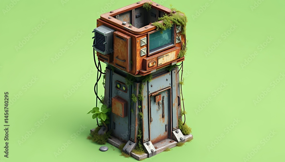 Aufkleber isometric pixel art rusty structure with green screen background ideal for vfx and game element