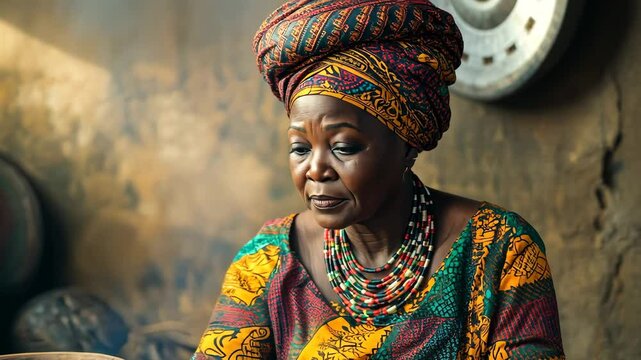 Middle aged African woman in colorful kitenge attire preparing traditional dish in rustic kitchen setting