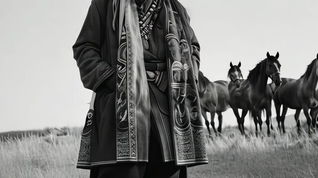 Mongolian man in traditional deel stands proudly with his horses in the vast steppes, celebrating cultural heritage and natural beauty