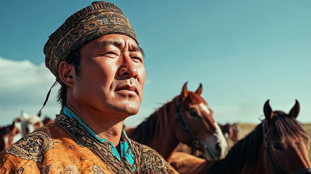 Mongolian herder in traditional deel watches over his horses in the vast steppes under clear blue skies