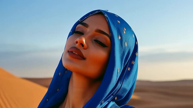 Moroccan woman in bright blue kaftan enjoying the sun at a stunning desert location