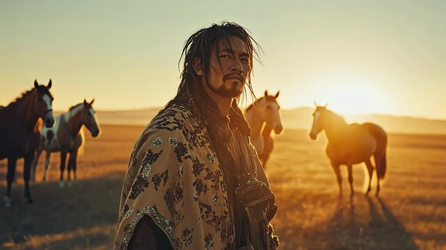 Mongolian man in traditional deel stands amidst a herd of horses during sunset in the vast steppes