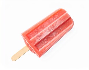 Refreshing red popsicle on a stick with visible ridges, isolated on a white background
