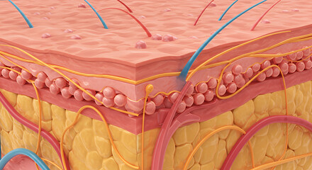 Detailed 3D Microscopic View of Human Skin Showing Sweat Glands and Hair Follicles