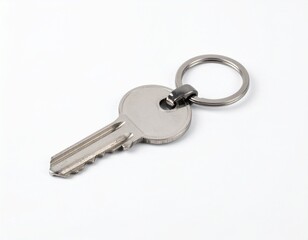 A simple silver key attached to a silver ring, displayed on a bright white surface