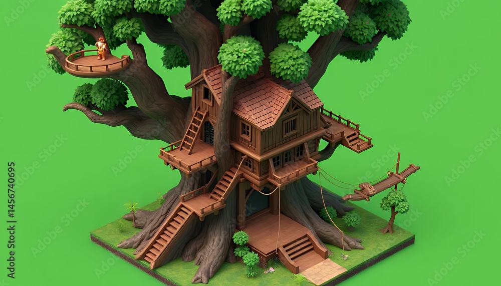Poster isometric pixel art treehouse isolated on green screen ideal for vfx and game asset with intricate w