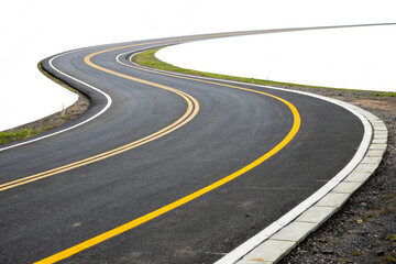 Obraz premium A curved road with yellow and white markings bordered by reflective barriers, offering a sense of direction and perspective. Isolated on a transparent background