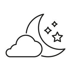 Crescent Moon With Cloud And Stars Line Icon. Nighttime Weather, Sleep, And Dream Symbol. Celestial And Atmospheric Conditions Representation. Editable Stroke. Isolated Vector Illustration