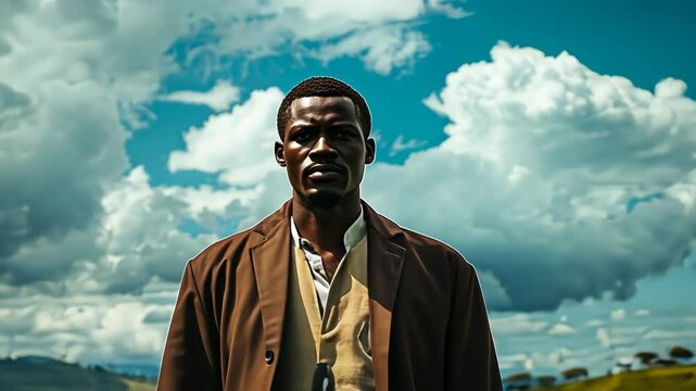 Proud Ugandan man in traditional kanzu stands against a vibrant sky and lush landscape