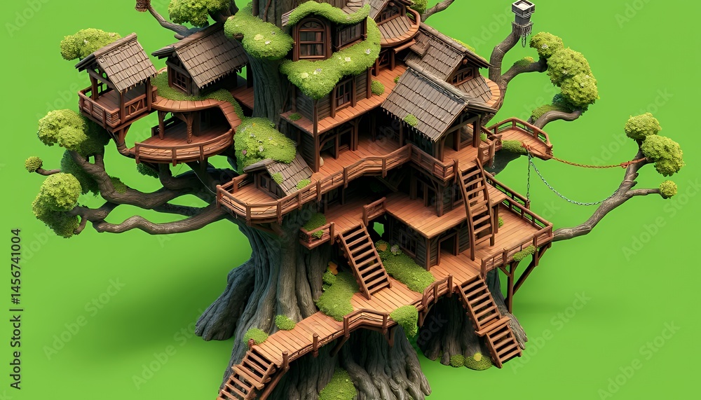 Fototapete isometric pixel art wooden treehouse with multiple levels isolated on green screen background suitab