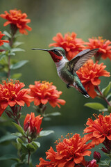 Fototapeta premium Close-up of a hummingbird hovering near vibrant red flowers