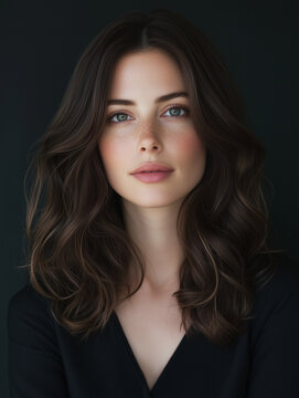 Studio portrait of a beautiful brunette woman with soft wavy hair, on a dark charcoal background. Subject centered, facing forward with a calm, confident expression.