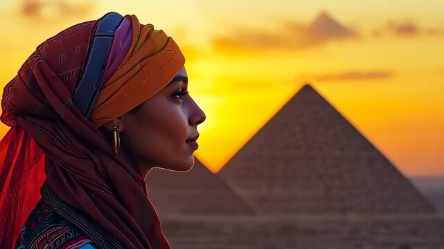 Experience the beauty of an Egyptian woman in a traditional galabeya against the sunset near the pyramids