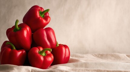 A vibrant arrangement of red bell peppers stacked on a soft fabric background, showcasing freshness