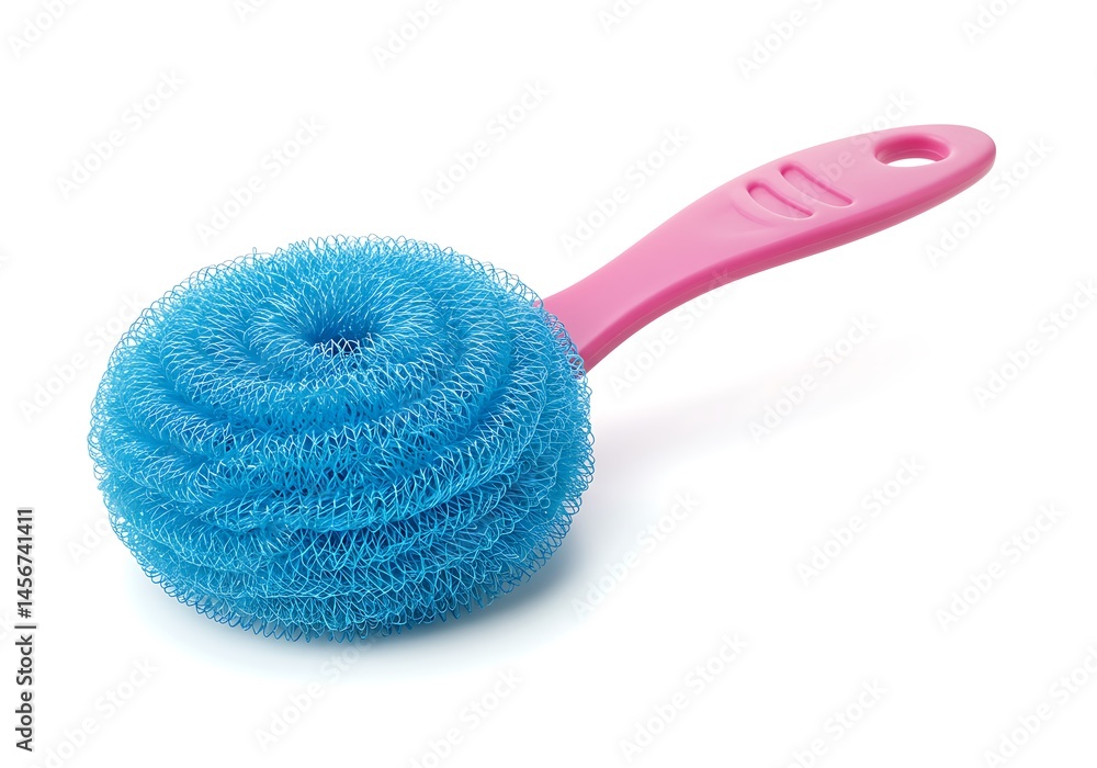 Aufkleber a close up of a blue scouring pad with a pink handle on a white background in a studio setting view