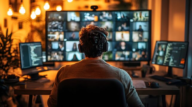 A man wea headphones sits at his desk reviewing video footage on multiple large monitors in a home office at night.