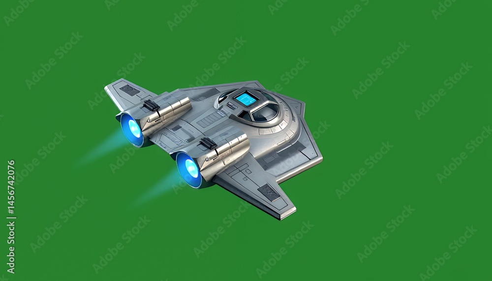 Poster isometric pixelated spacecraft isolated on green screen for vfx element in silver color scheme with 