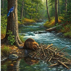 Beaver builds dam beside flowing stream, while blue jay calls from pine tree, teamwork echoing through nature’s patient construction.