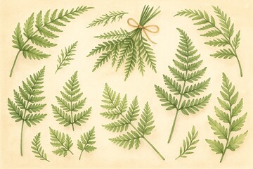Watercolor fern leaves on vintage paper background
