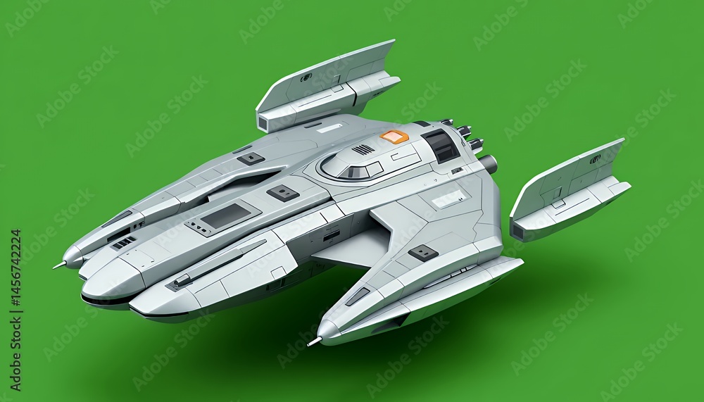 Poster isometric pixelated spacecraft isolated on green screen for visual effects and game design