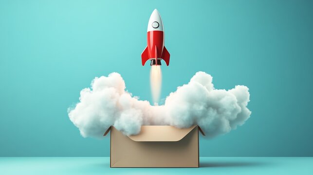 Rocket launching from a box with clouds.