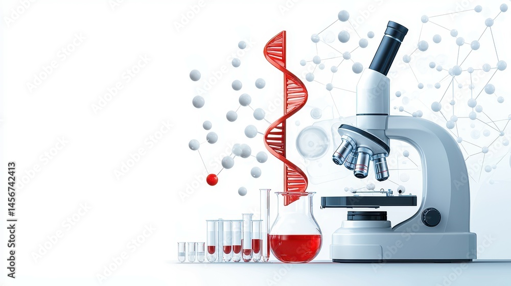 Poster modern laboratory setup featuring a microscope and dna strand with colorful test tubes.