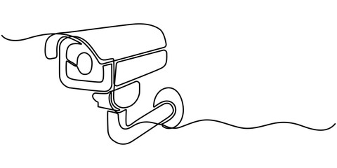 Continuous one line drawing of CCTV video camera surveillance system for monitoring security. Editable vector, One line drawing of CCTV security camera mounted on wall. Minimalist continuous line art.