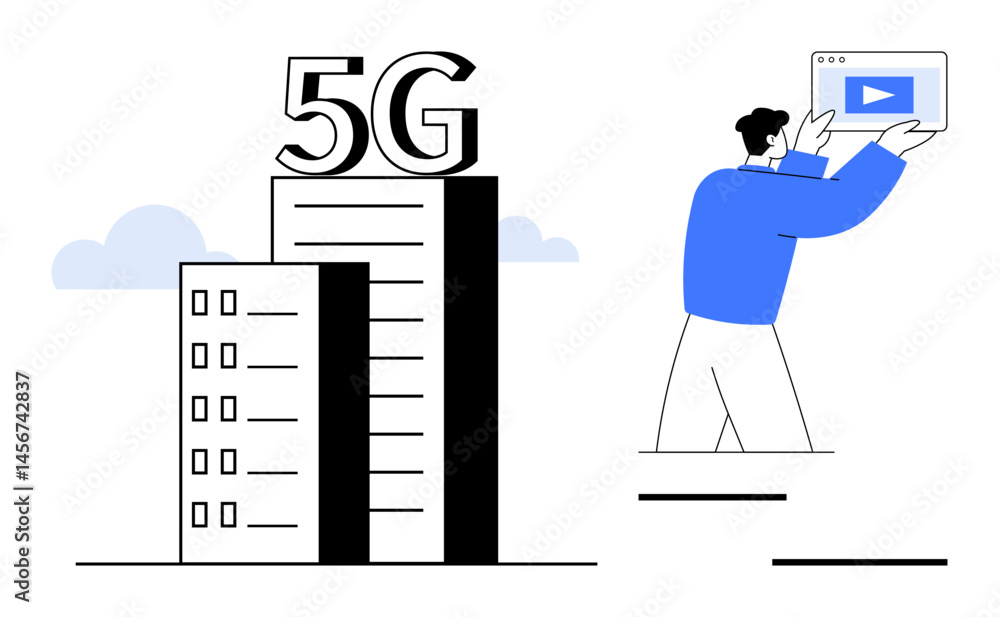 Poster man holds device streaming video with play button near modern building labeled 5g. ideal for technol