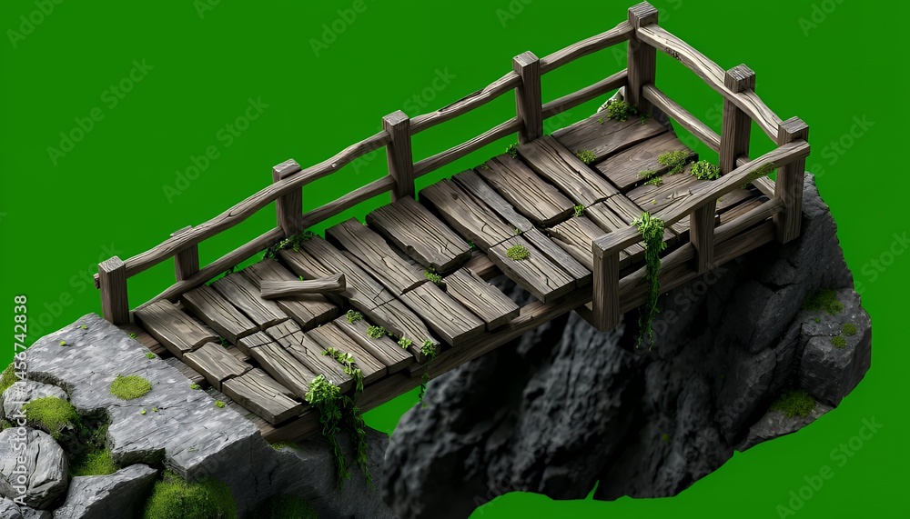 Poster isometric rustic wooden bridge on jagged gray cliffs isolated on green screen perfect for vfx movie 