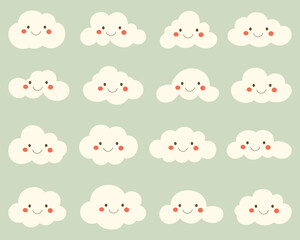 Cartoon cloud pattern with smiling faces and rosy cheeks arranged in a grid against a light green background. Whimsical, sweet, and cheerful.