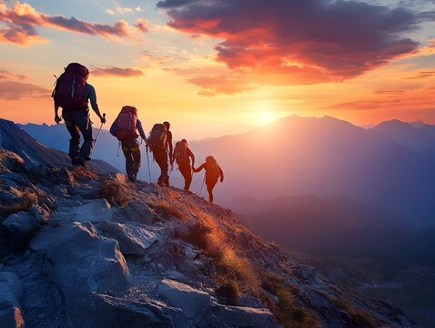 A group of hikers ascends a rugged mountain trail at sunset enjoying breathtaking panoramic views of majestic peaks and vibrant sky.