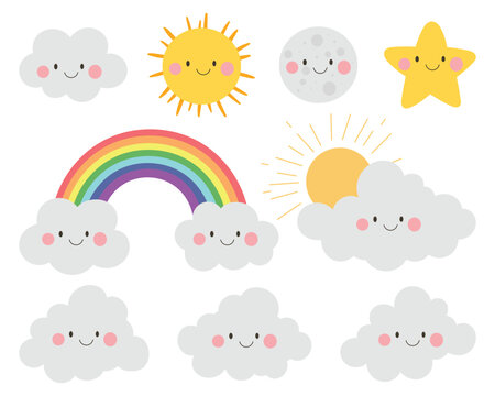 A charming, cartoon-style illustration featuring celestial objects such as clouds, sun, moon, star, and a rainbow, all with smiling faces.