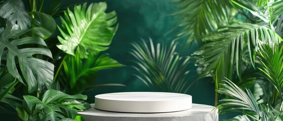 Empty display platform surrounded by lush greenery.