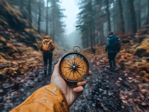 A hand holds an antique compass guiding hikers through a misty forest path on an adventurous journey.