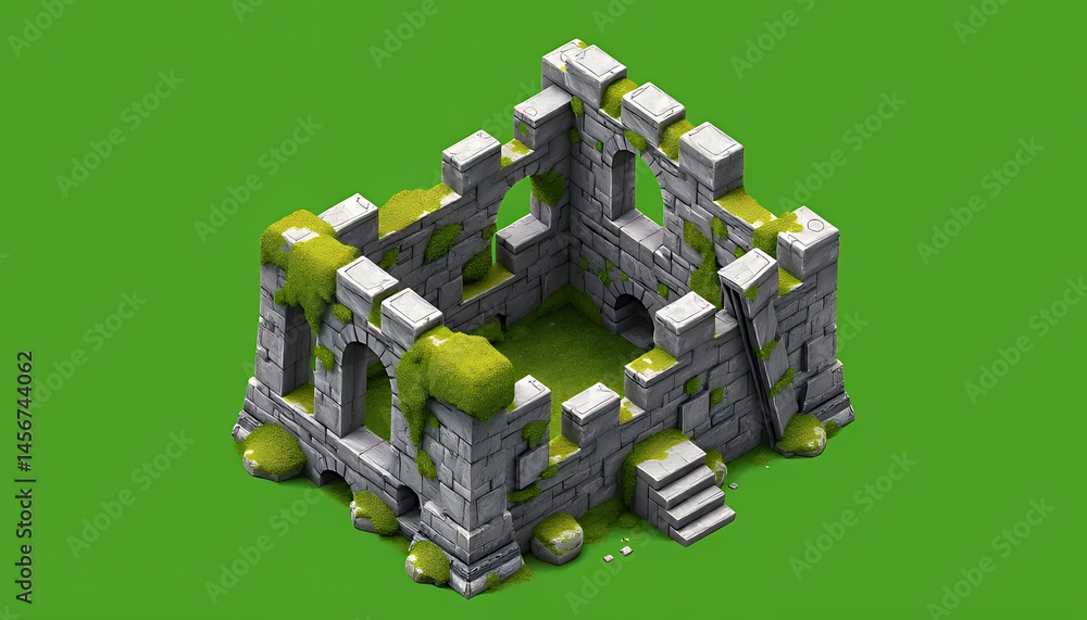 Poster isometric stone ruin structure overgrown with moss isolated on green screen ideal for vfx game eleme