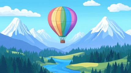Fototapeta premium Colorful hot air balloon flying over scenic mountain valley with river and pine forest landscape background