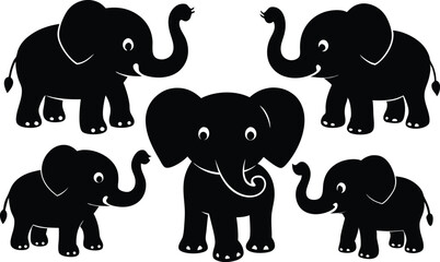 silhouette of elephants baby icon set, set of elephants silhouettes, set of elephants, elephants silhouettes vector, elephant cartoon illustration on white background.