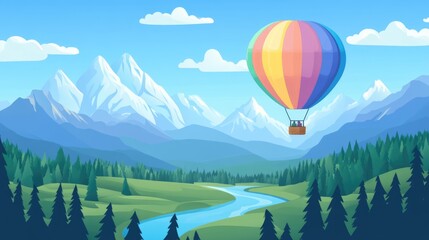 Fototapeta premium Colorful hot air balloon flying over scenic mountain valley with river and pine forest landscape background