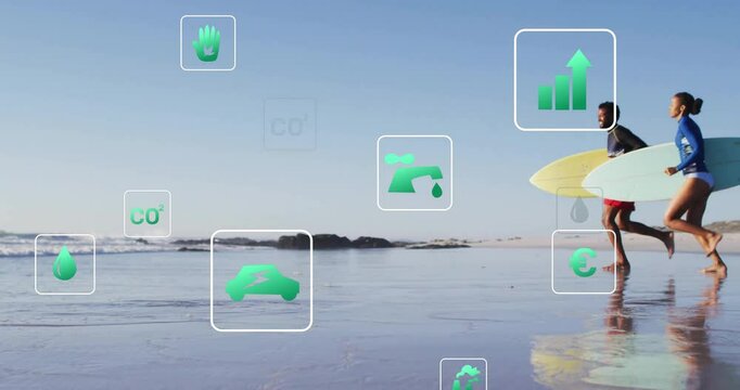Surfers running along shoreline, displaying green icons and data graphs for sustainability campaign